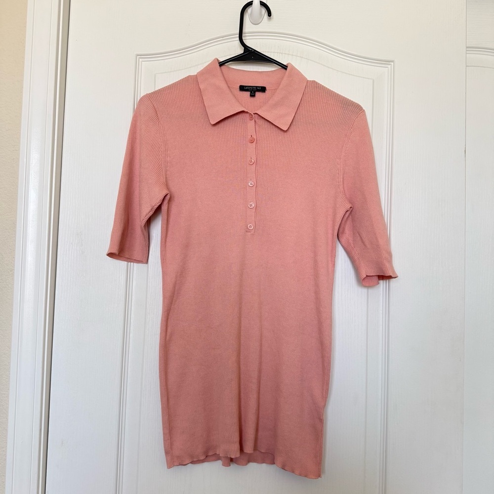 Lafayette 148 New York Pink Ribbed Silk Cotton Blend Polo Top Small Long Line